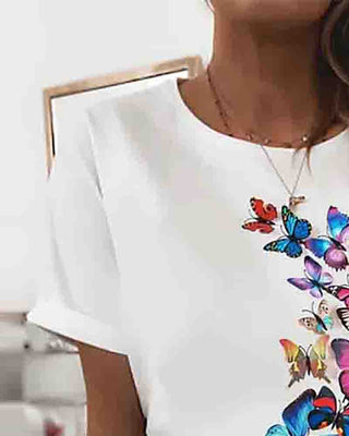 T-shirt basique en coton à col rond imprimé chat papillon / lettre