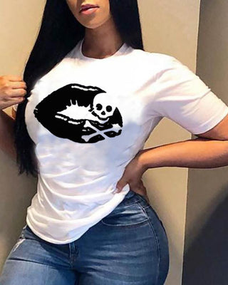 T-shirt décontracté à manches courtes et imprimé crâne de lèvres