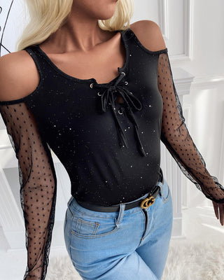 Blouse à lacets en maille scintillante à épaules dénudées