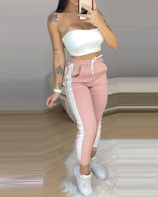 Ensemble top court bandeau et pantalon à cordon rayé