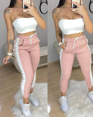 Ensemble top court bandeau et pantalon à cordon rayé