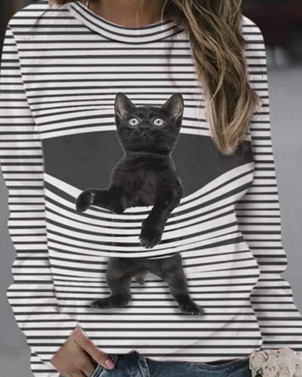 T-shirt femme chat rayé imprimé 3D col rond hauts basiques