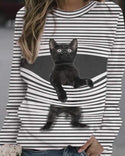 T-shirt femme chat rayé imprimé 3D col rond hauts basiques