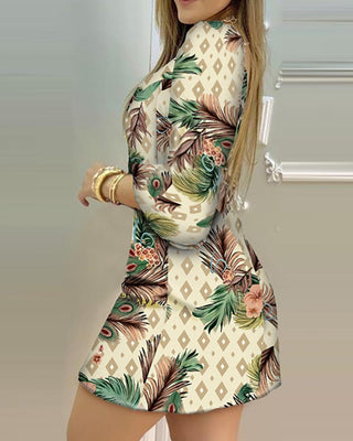 Robe à manches lanterne à imprimé tropical à motif géométrique