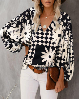 Haut à col en V à imprimé floral et à manches lanterne