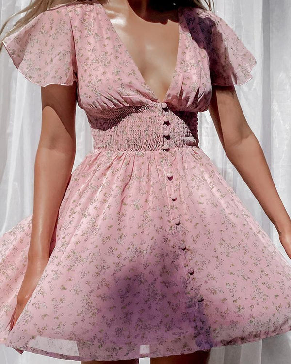 Mini-robe à manches courtes et taille ajustée à imprimé floral et ourlet à volants