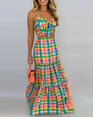 Ensemble haut à bretelles spaghetti à carreaux et jupe à volants