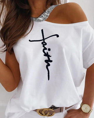 Haut à paillettes à une épaule et imprimé à motif de lettres