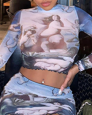 Ensemble top court et jupe en maille transparente à ourlet volanté