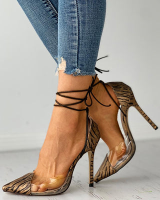 Talon aiguille à lanières en plexiglas transparent à rayures zébrées