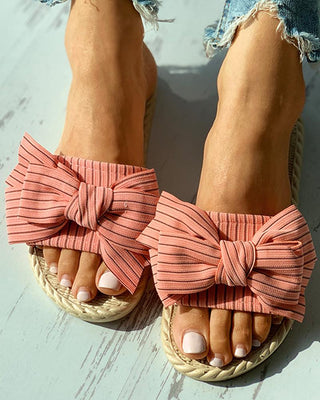 Sandales plates en lin tissé à motif bowknot rayé