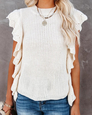 Haut décontracté en tricot à manches courtes et volants
