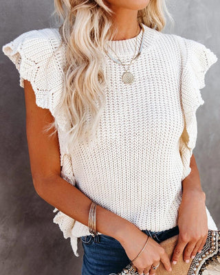 Haut décontracté en tricot à manches courtes et volants