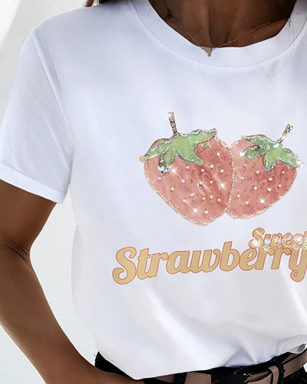 T-shirt décontracté à motif de fraise perlé