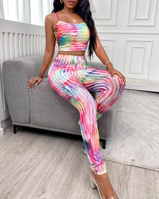 Ensemble haut court à ourlet volanté et pantalon taille haute color block