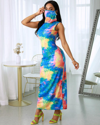 Robe longue sans manches à imprimé tie dye avec cache-visage