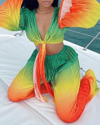 Ensemble haut noué à imprimé tie-dye froncé et pantalon large