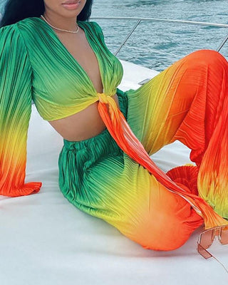 Ensemble haut noué à imprimé tie-dye froncé et pantalon large