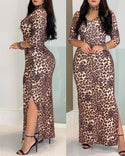 Robe longue à imprimé guépard à fente haute et découpée sur le devant