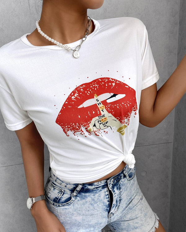 T-shirt décontracté à imprimé léopard à lèvres