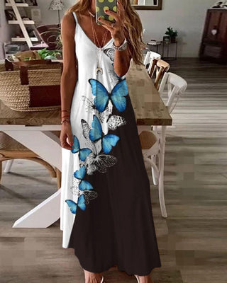 Robe longue à bretelles spaghetti color block à imprimé papillon