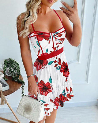 Robe imprimée florale à bordure contrastante à volants