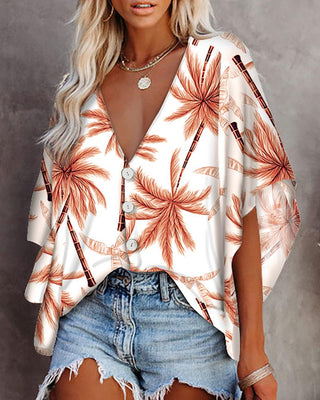 Haut boutonné à manches chauve-souris imprimé palmier