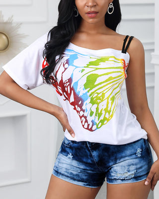 T-shirt décontracté à imprimé papillon une épaule