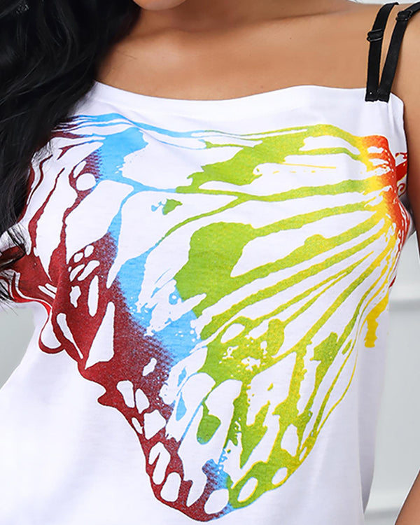 T-shirt décontracté à imprimé papillon une épaule