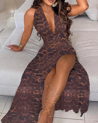 Ensembles de tailleur taille haute sans manches à imprimé léopard et jupe fendue