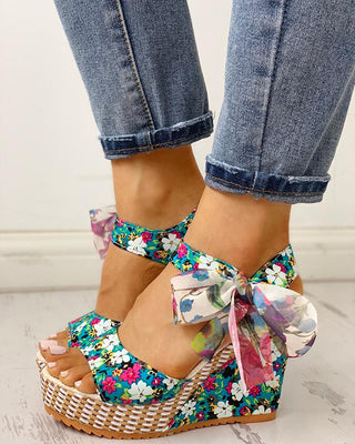 Sandales compensées à plateforme à motif floral Bowknot