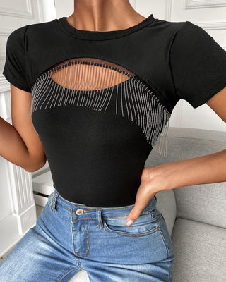 Haut à manches courtes à motif pampilles et découpes