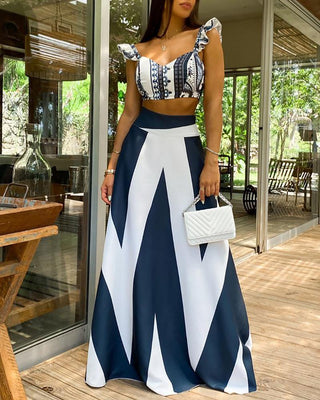 Ensemble haut à volants et jupe taille haute à imprimé tribu