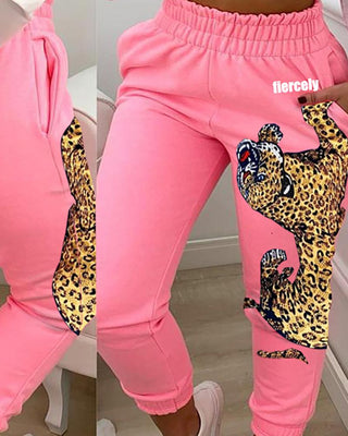 Pantalon décontracté à imprimé léopard et poche