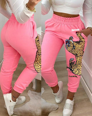 Pantalon décontracté à imprimé léopard et poche