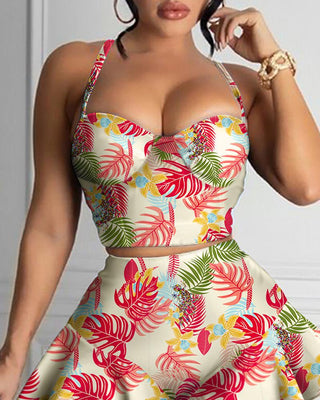 Ensemble haut court à bretelles spaghetti et jupe plissée à imprimé floral