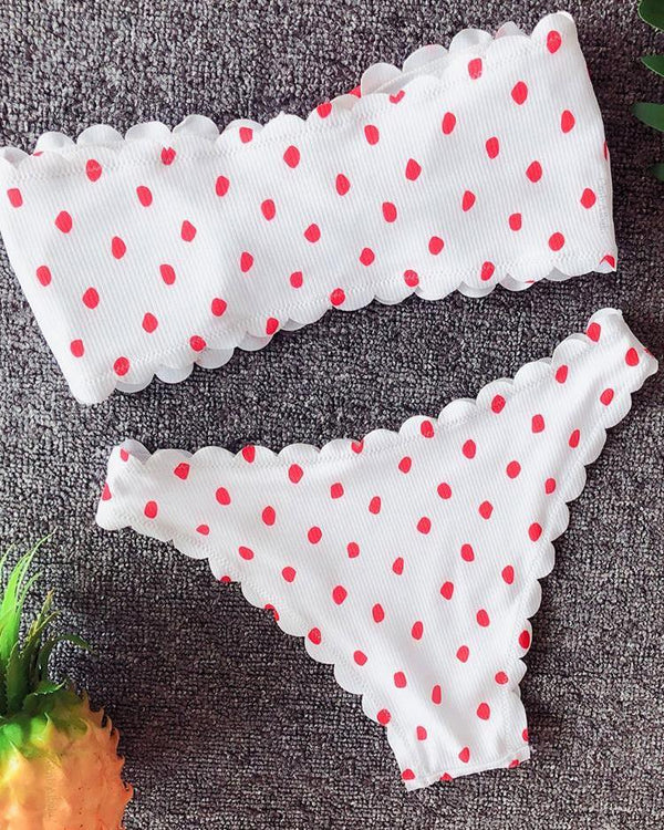 Ensemble de bikini bandeau avec bordure en dentelle à pois