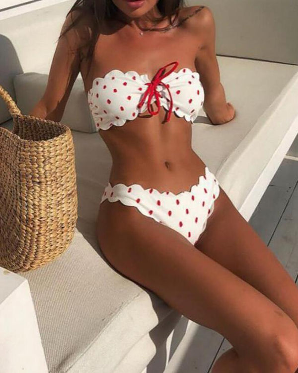 Ensemble de bikini bandeau avec bordure en dentelle à pois