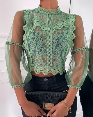 Haut uni à manches lanterne contrastantes avec ourlet en dentelle