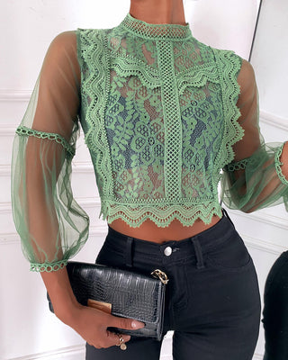 Haut uni à manches lanterne contrastantes avec ourlet en dentelle