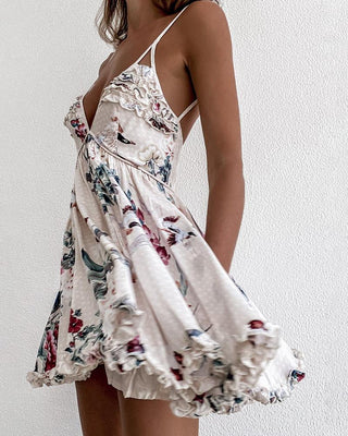 Robe imprimée florale dos nu à ourlet volanté