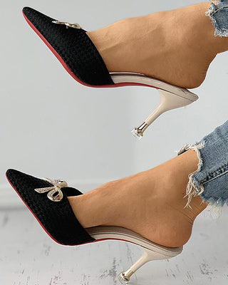 Bowknot Decor Tressé Bout Pointu Slide Talon Aiguille