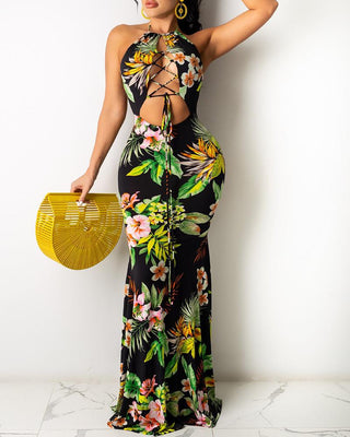 Robe imprimée tropicale dos nu à lacets et découpes