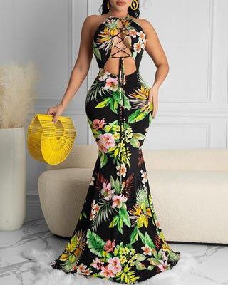 Robe imprimée tropicale dos nu à lacets et découpes