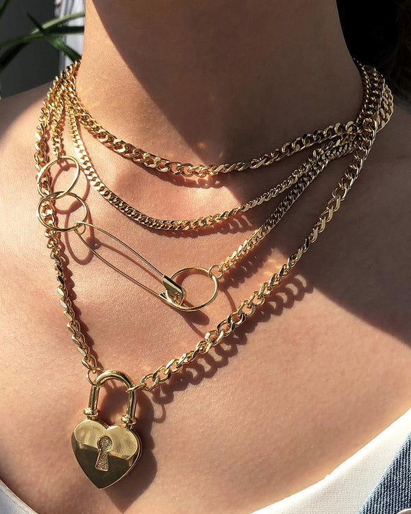 2 pièces boucle ardillon en forme de coeur serrure en couches ensemble de collier de chaîne