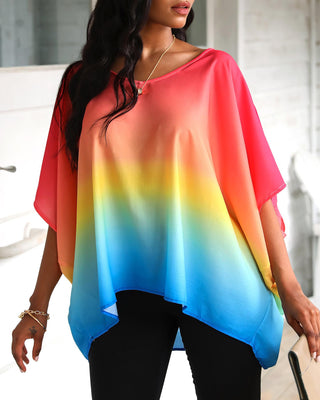 Top Décontracté à Manches Chauve-Souris Imprimé Tie Dye Dégradé