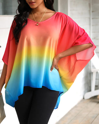 Top Décontracté à Manches Chauve-Souris Imprimé Tie Dye Dégradé