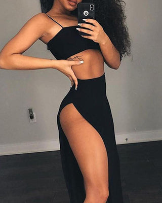 Ensembles de tailleur haut court et jupe fendue de couleur unie