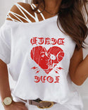 T-shirt à encolure dégagée caraco imprimé cœur et lettre