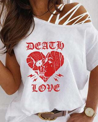 T-shirt à encolure dégagée caraco imprimé cœur et lettre
